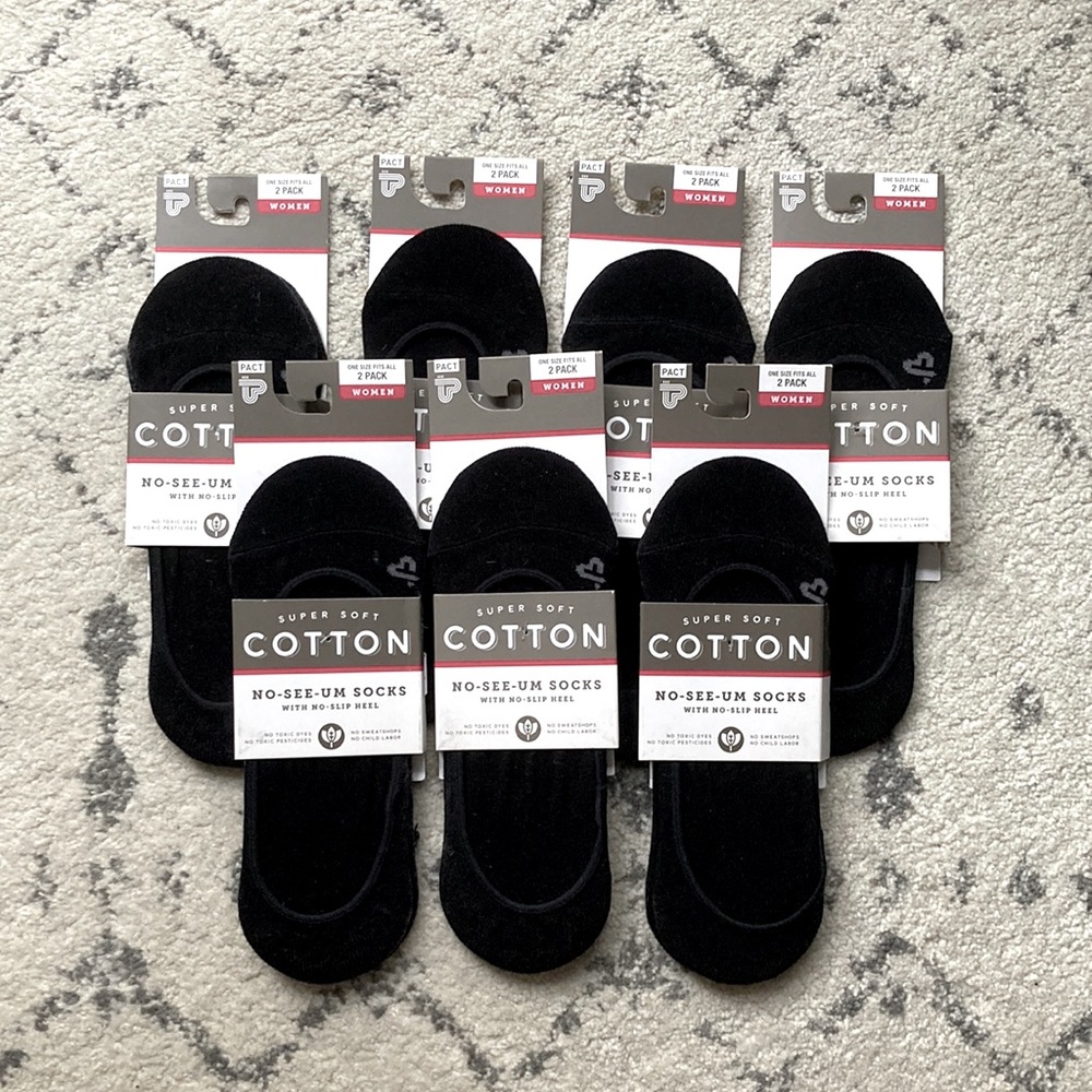 PACT Brand No-Show Black Socks - women’s 2 pack. 7 packs= 14 pair total